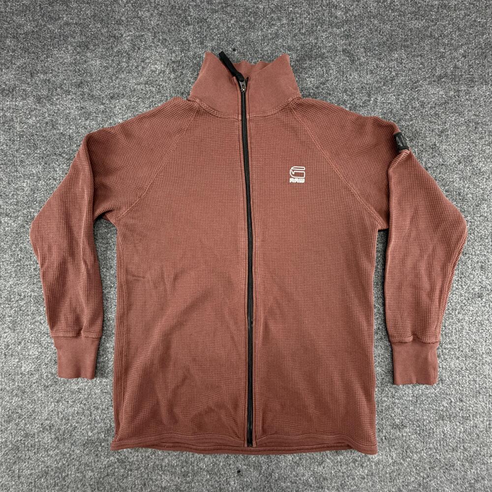 G-Star Raw Sweater Mens Large Brown Full Zip Thermal High Neck Logo Knit